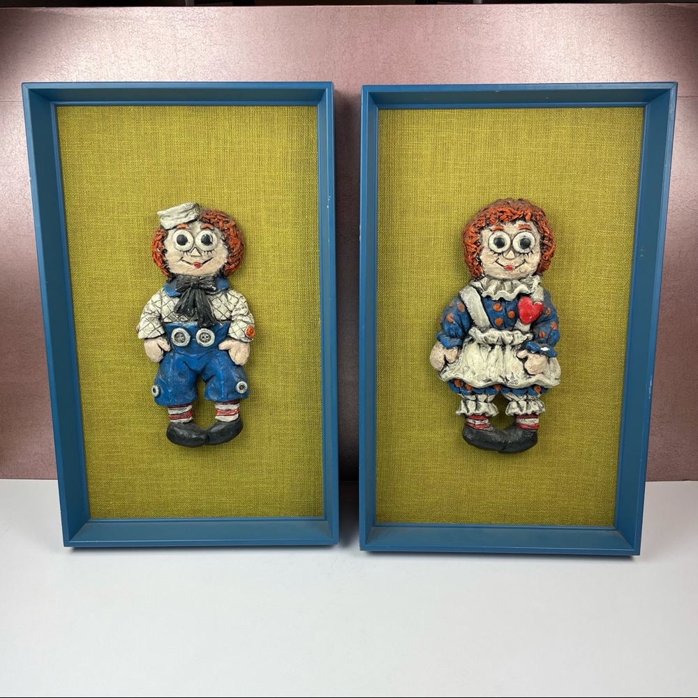Vintage Signed Raggedy Ann & Andy 3D Sculpture Wall Art 1960's